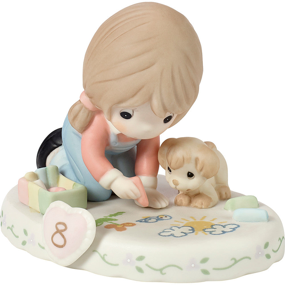 Brunette haired girl and her puppy drawing with chalk age 8 shown on the base - side view