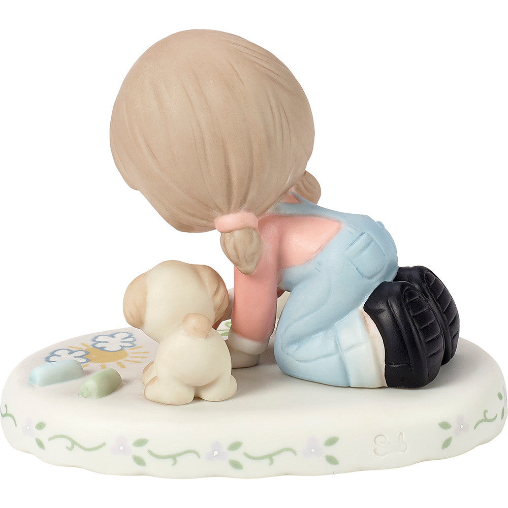 Brunette haired girl and her puppy drawing with chalk age 8 shown on the base - back view