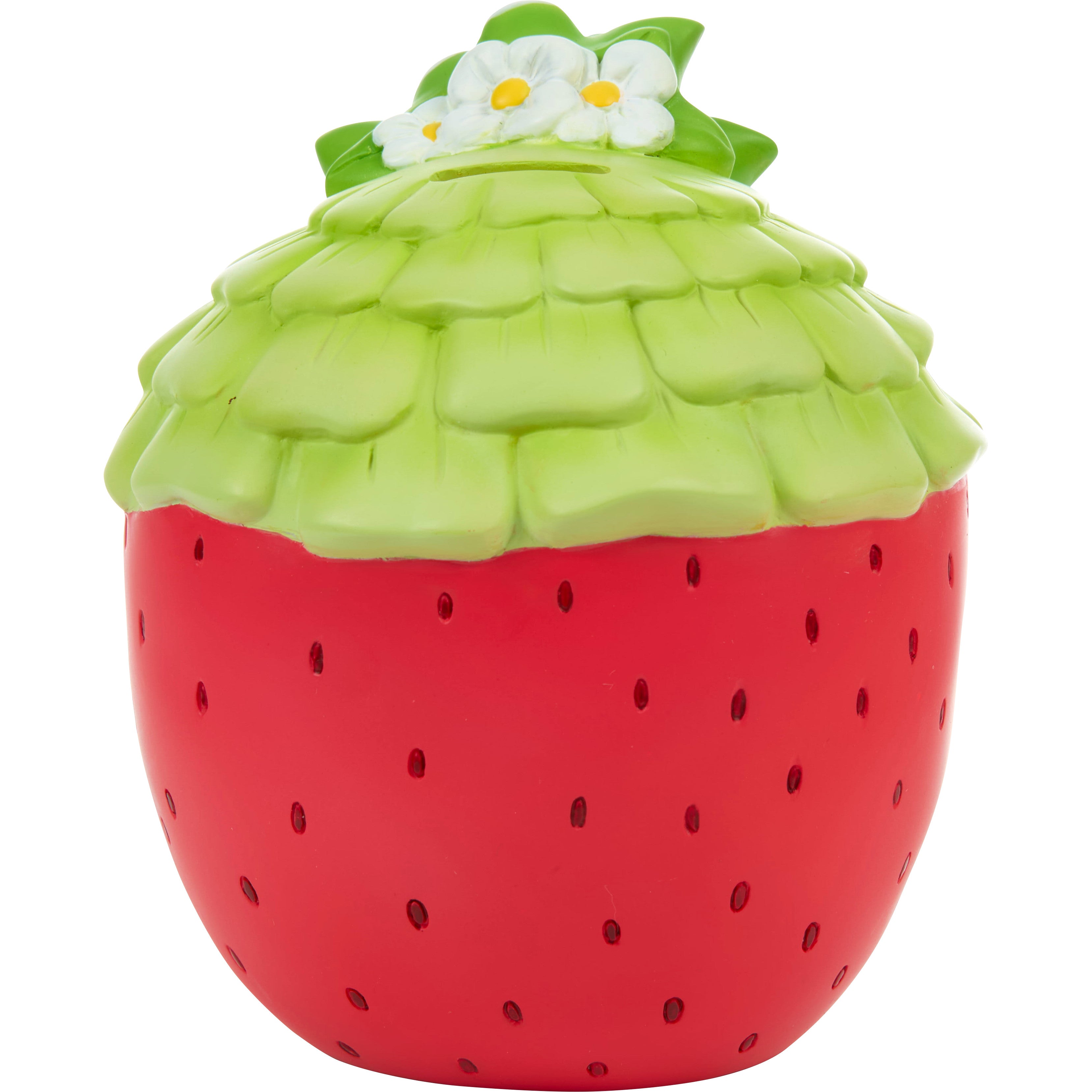 piggy bank shaped like a strawberry with a Strawberry shortcake character and cat - back view