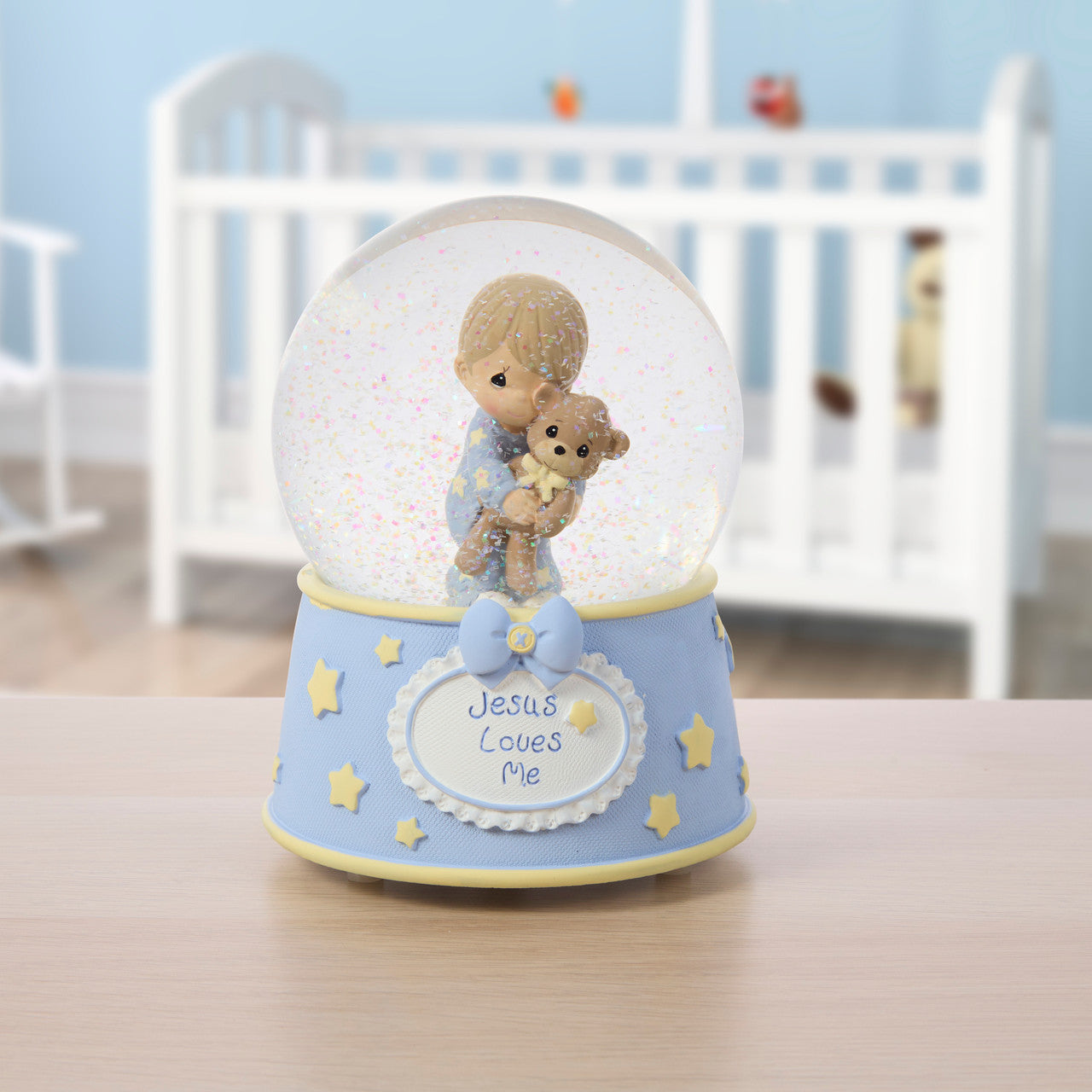 Jesus Loves Me Baby Boy With Bear Baptism Snow Globe - Image