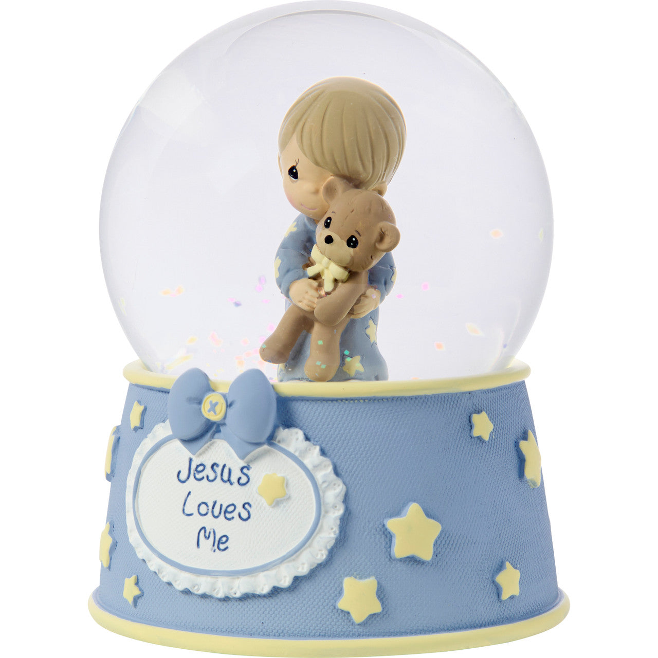 Jesus Loves Me Baby Boy With Bear Baptism Snow Globe - Image