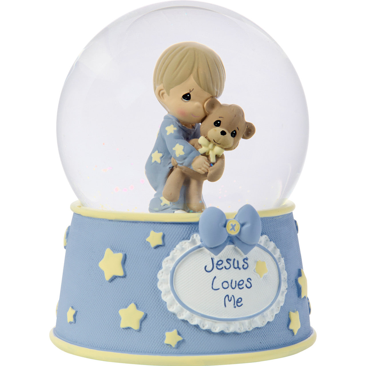 Jesus Loves Me Baby Boy With Bear Baptism Snow Globe - Image