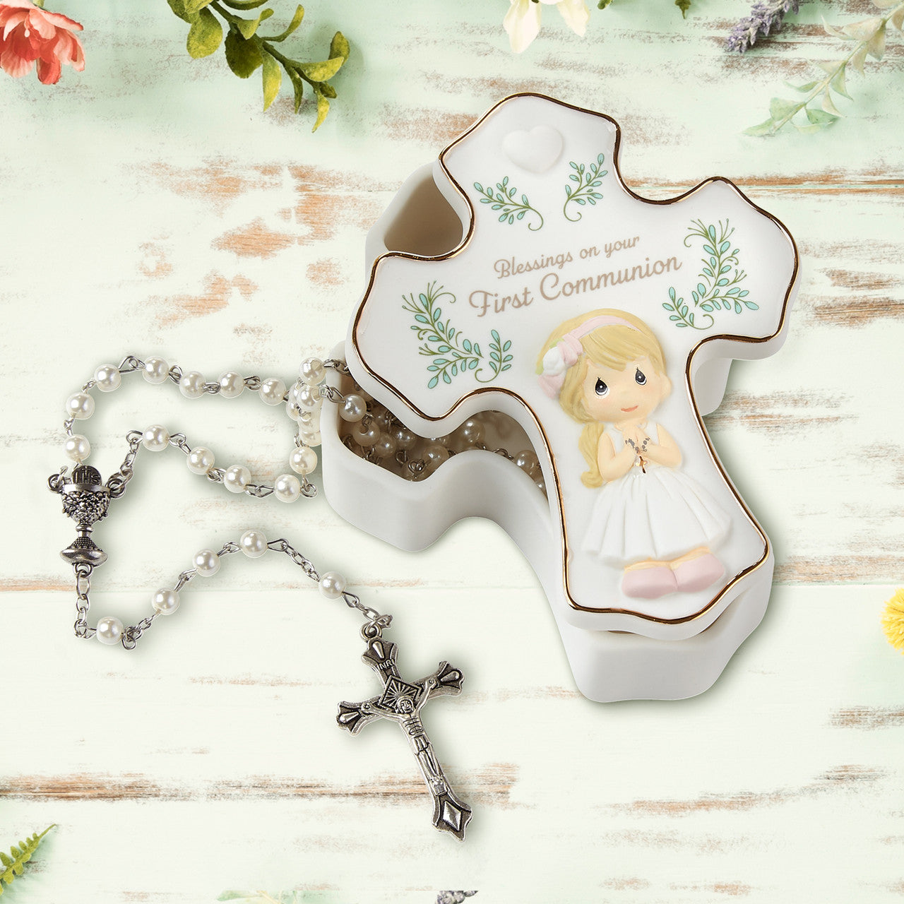 Blessings On Your First Communion Girl Rosary Box with Rosary - Image