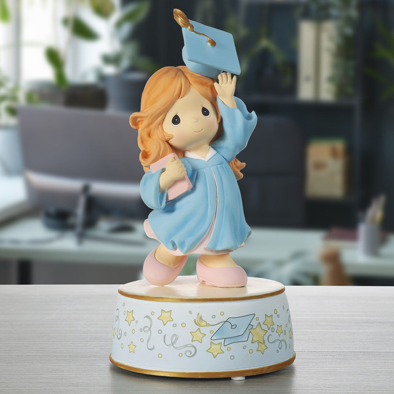 From Cap And Gown To New Horizons Red Hair/Blue Gown Graduation Musical - Image