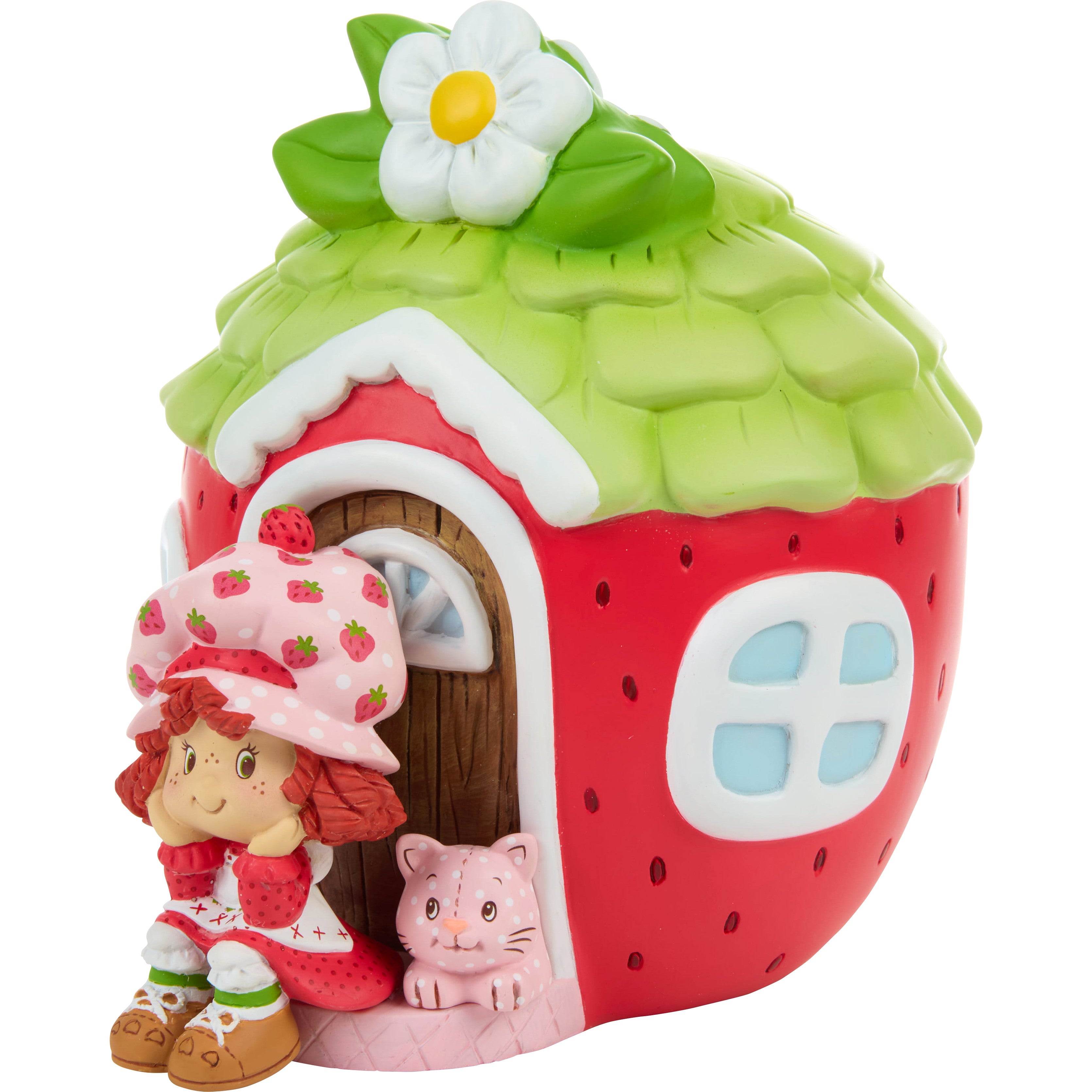 piggy bank shaped like a strawberry with a Strawberry shortcake character and cat - left view
