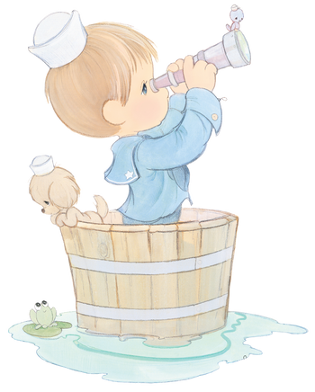 Search page: Illustration of a child in a sailor outfit playing with toys in a wooden barrel.