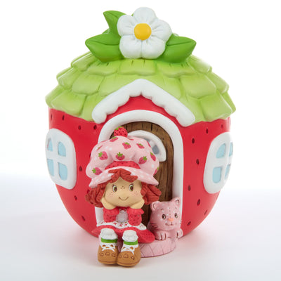 piggy bank shaped like a strawberry with a Strawberry shortcake character and cat - 360 video