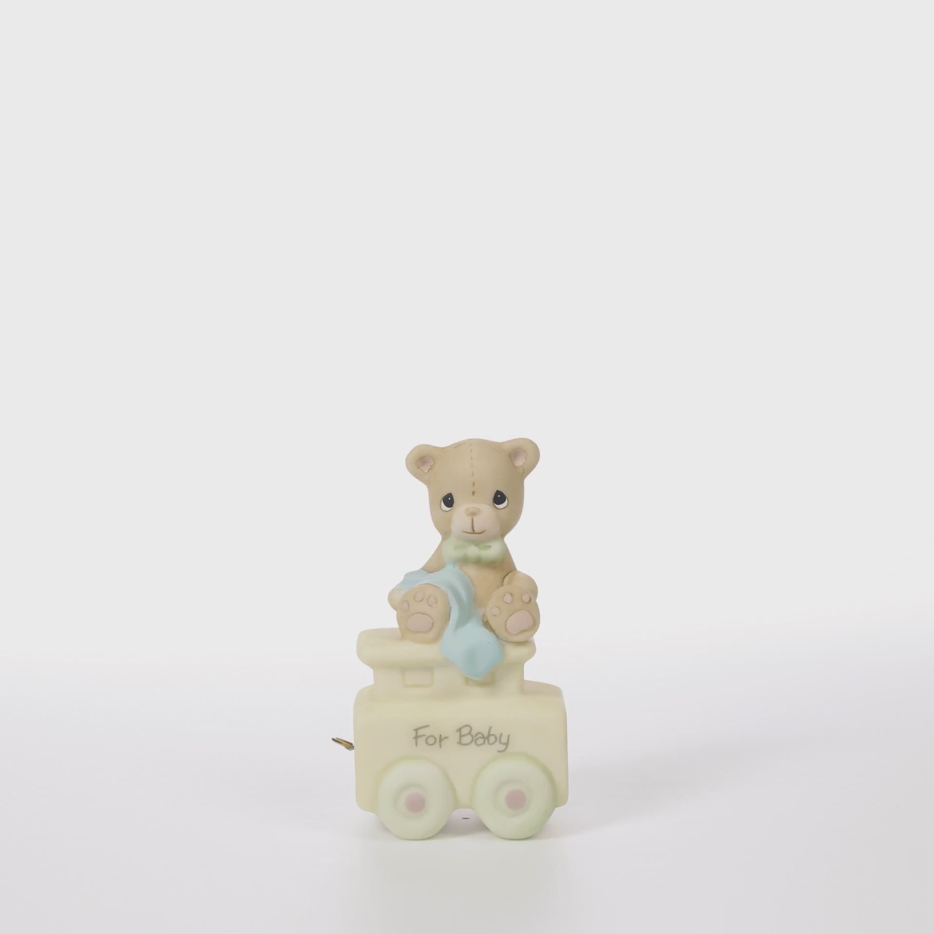 Teddy bear with blanket on train car with For Baby on the side - 360 video