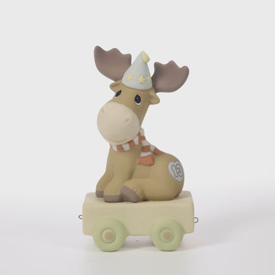 Moose wearing party hat on platform with age 13 on side - 360 video