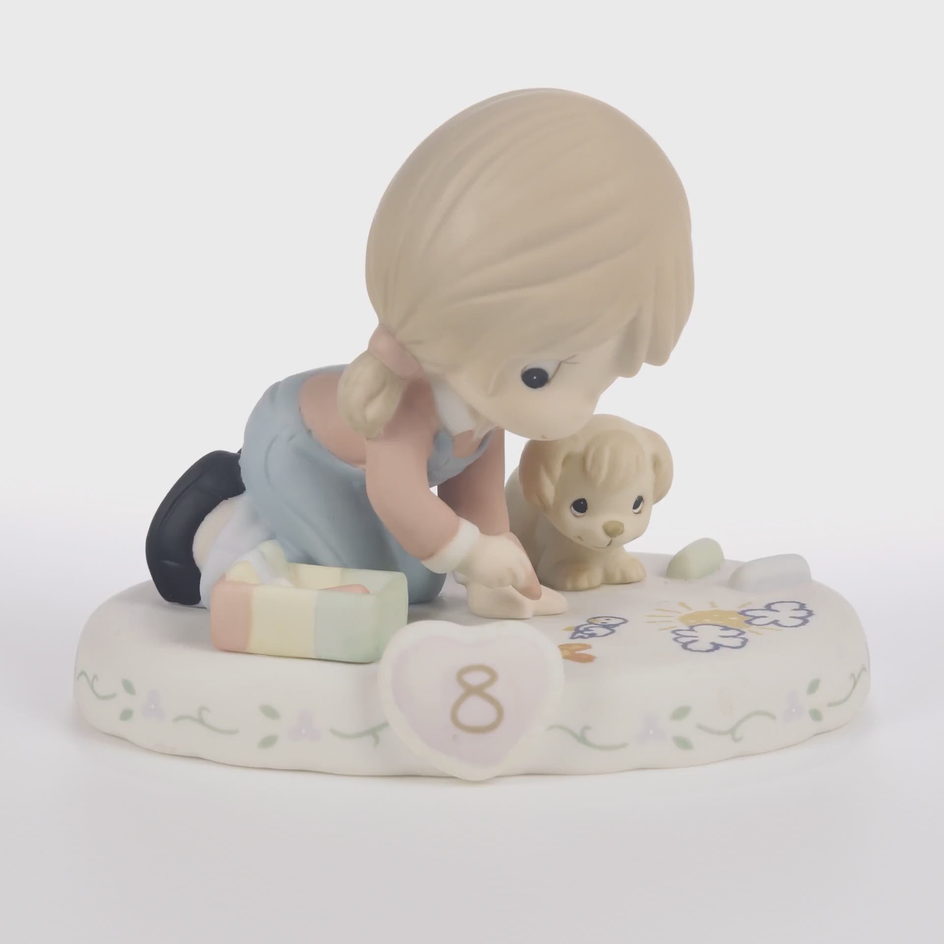 Brunette haired girl and her puppy drawing with chalk age 8 shown on the base - 360 video