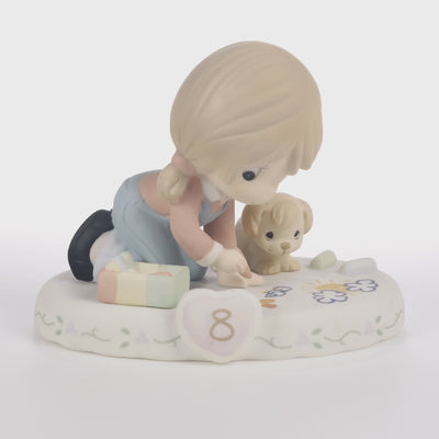 Brunette haired girl and her puppy drawing with chalk age 8 shown on the base - 360 video