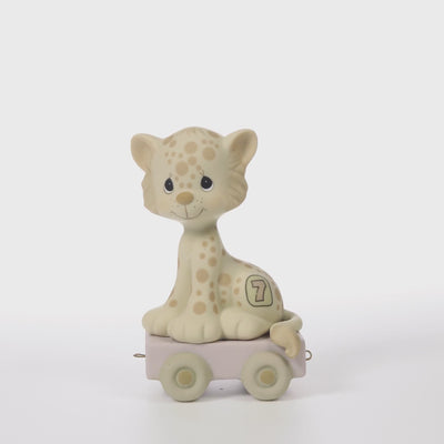 Spotted leopard on platform with age 7 on side - 360 video